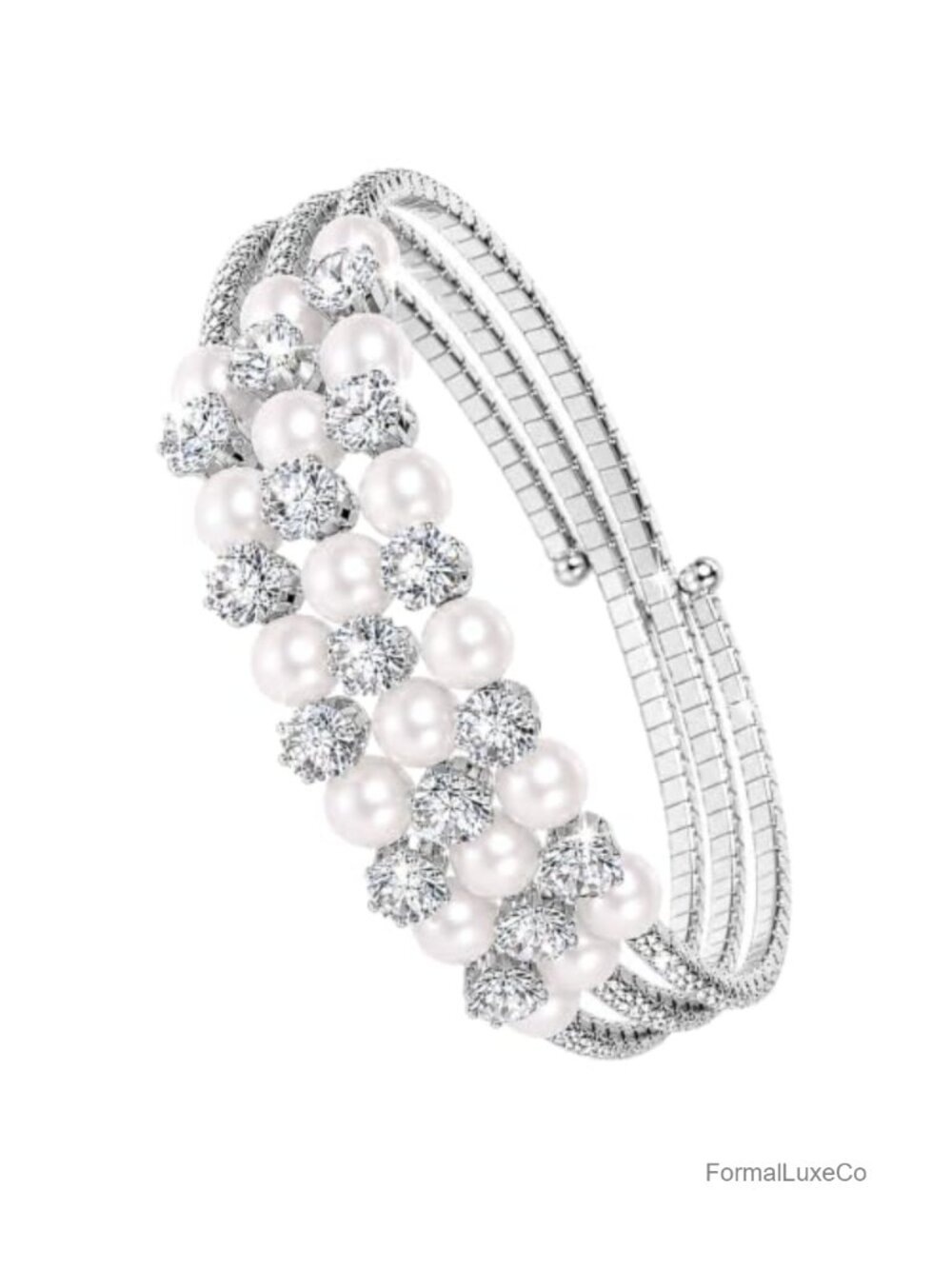 Gold Plated Pearl Cuff Bracelet Women Rhinestone Stretch Bangle